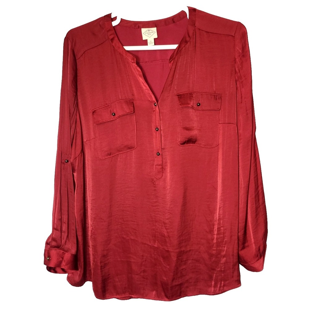 St Johns Bay Wine Satin Long Sleeve 3 Button Front Roll Tab Sleeve Shirt Size 2X